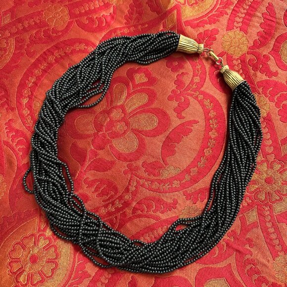 Vintage Multi Strand Black Seed Bead Necklace - Picture 1 of 10